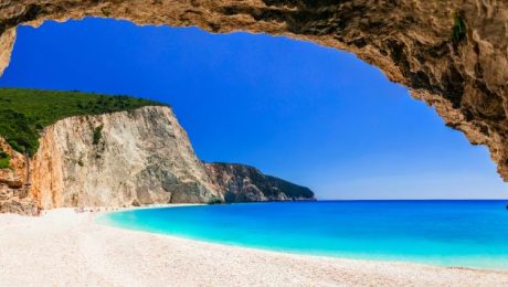 Most beautiful beaches of Greece series - Porto Katsiki in Lefkad island, view from cave